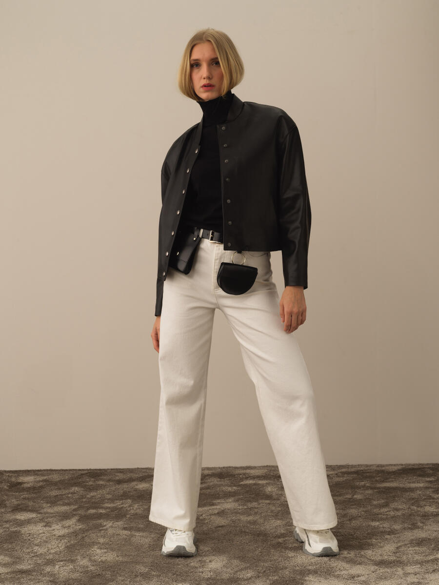 Siyah Deri Görünümlü Oversize Ceket - 2