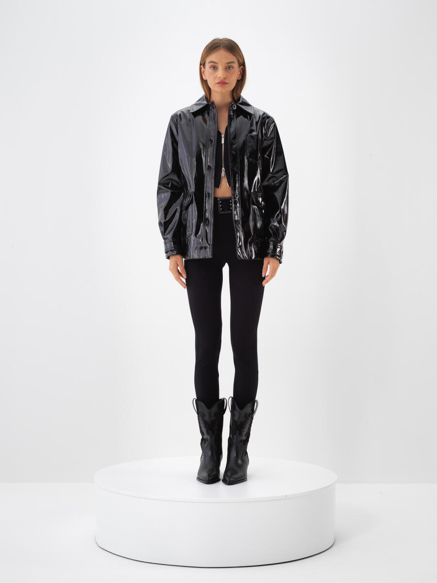 Siyah Deri Görünümlü Regular Fit Ceket - 2