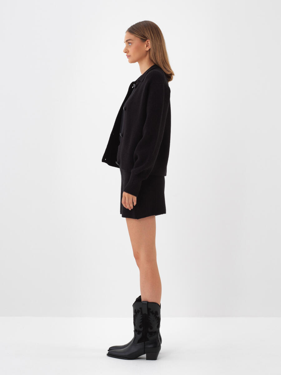 Siyah Doğal Yün Dokulu Oversize Ceket - 3