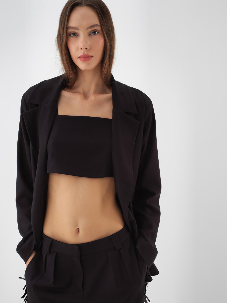 Siyah Esnek Dokulu Oversize Ceket - 2