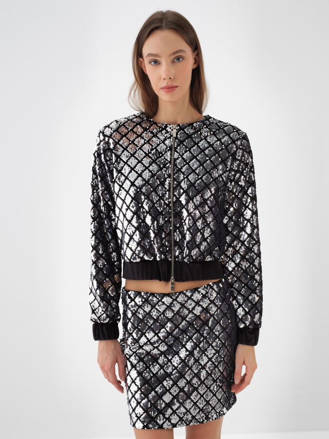 Siyah Lüks Dokulu Pullu Kadife Regular Fit Ceket - Xint