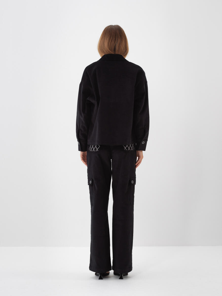 Siyah Lüks Dokulu Soft Kadife Oversize Ceket - 4