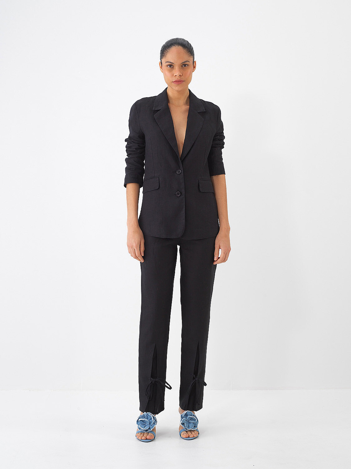 Siyah %100 Keten Regular Fit Ceket - 4