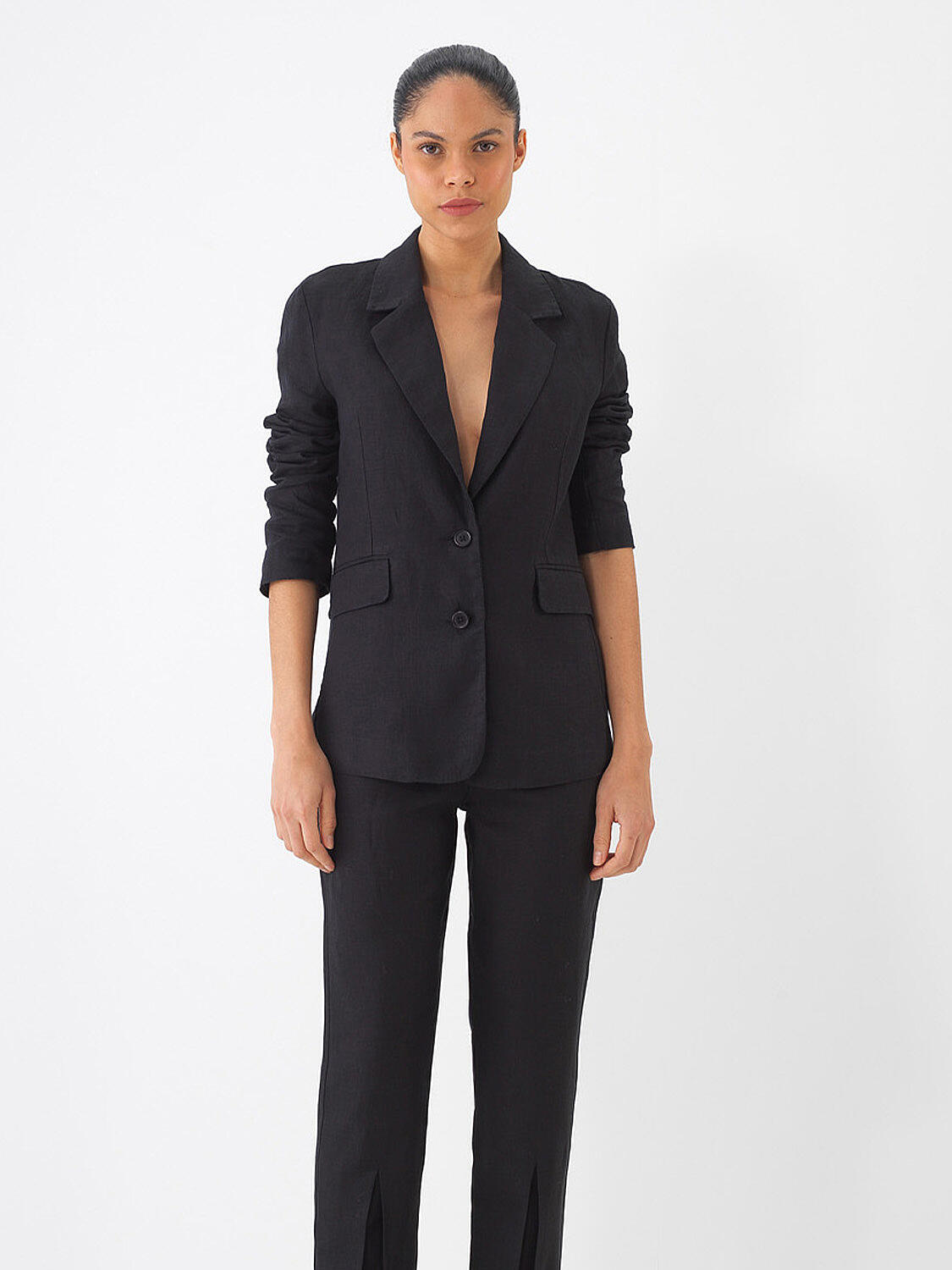 Siyah %100 Keten Regular Fit Ceket - 1