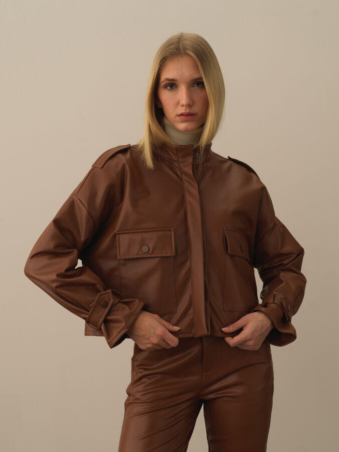 Xint Toptan Camel Deri Görünümlü Oversize Ceket