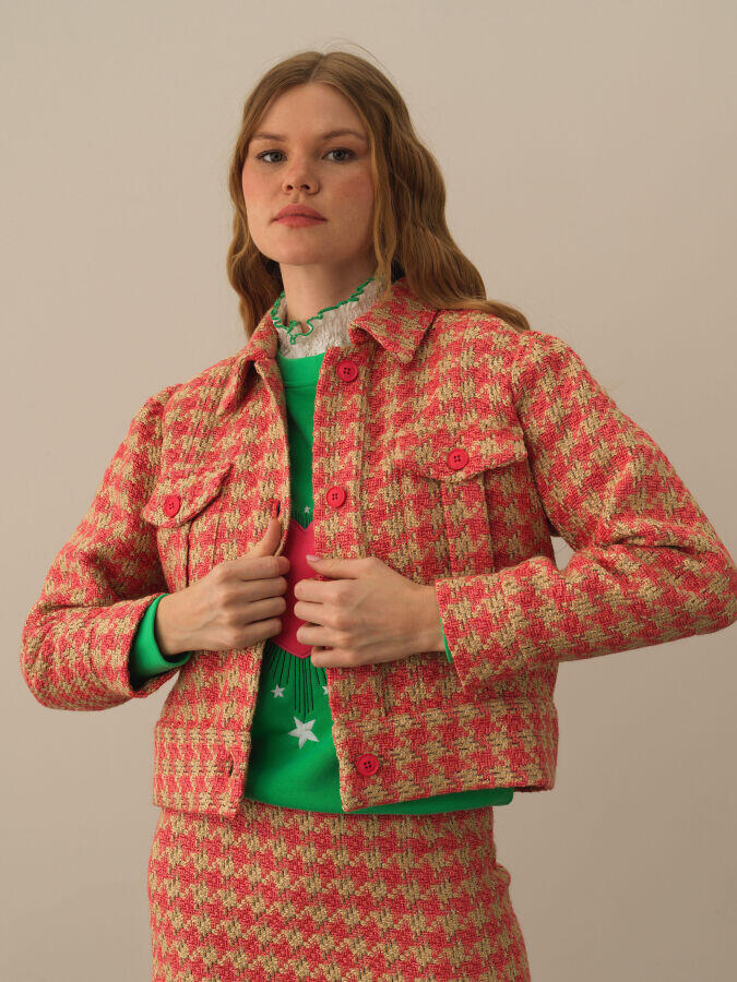 Xint Toptan Pembe Işıltılı Lurex Detaylı Oversize Ceket