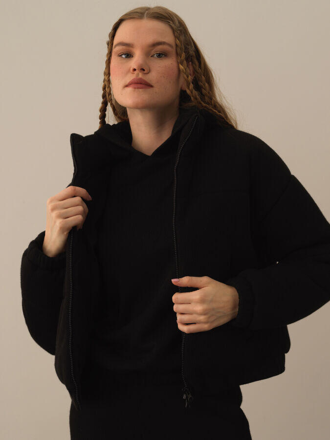 Xint Toptan Siyah Pamuk Dokulu Oversize Mont