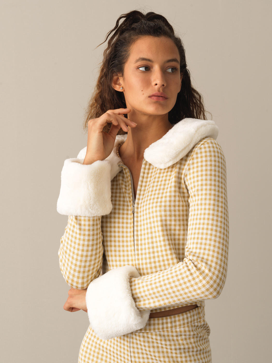 Sarı Pamuk Dokulu Regular Fit Modern Ekose Ceket