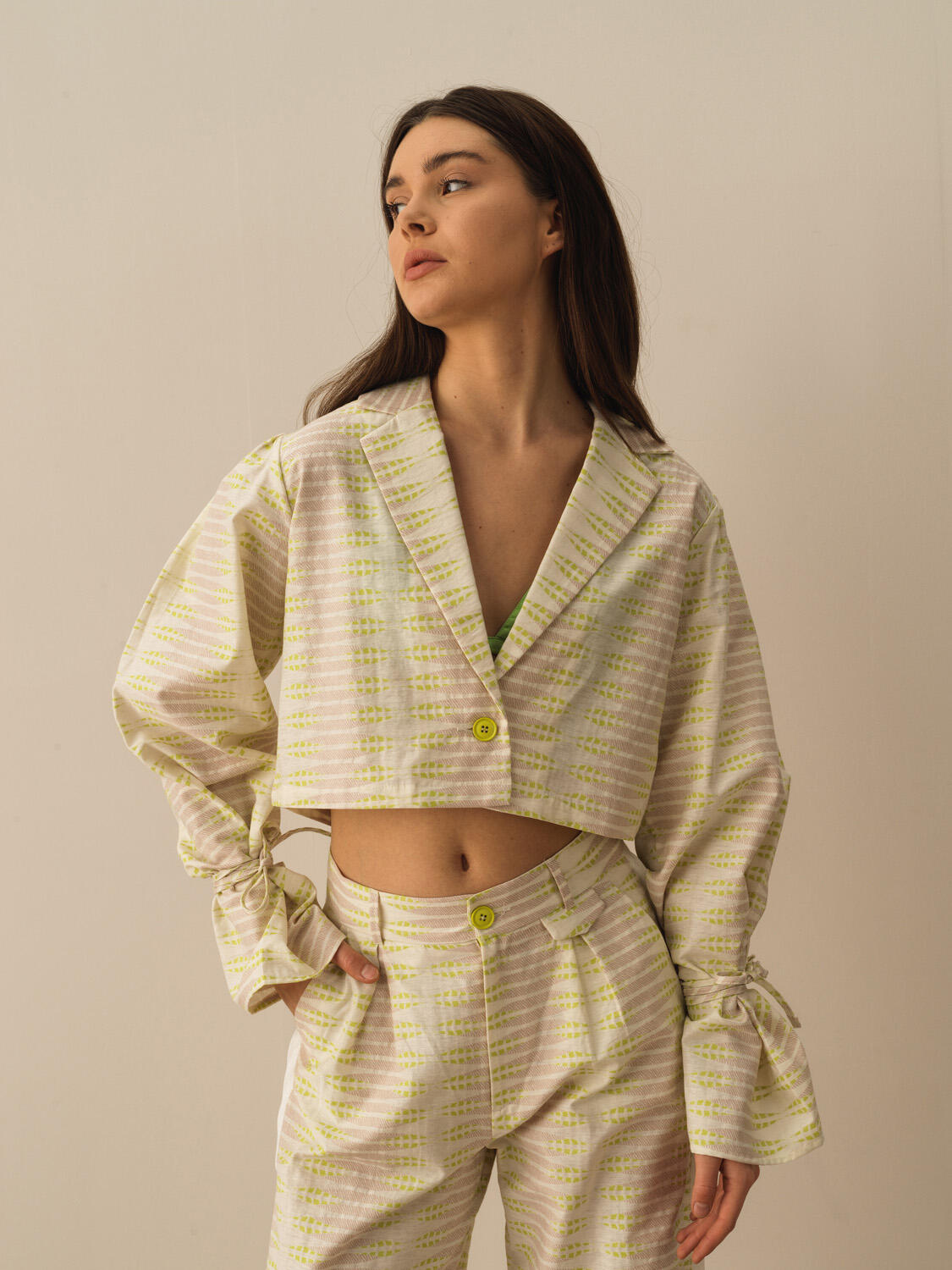 Yeşil Pamuk Dokulu Oversize Ceket