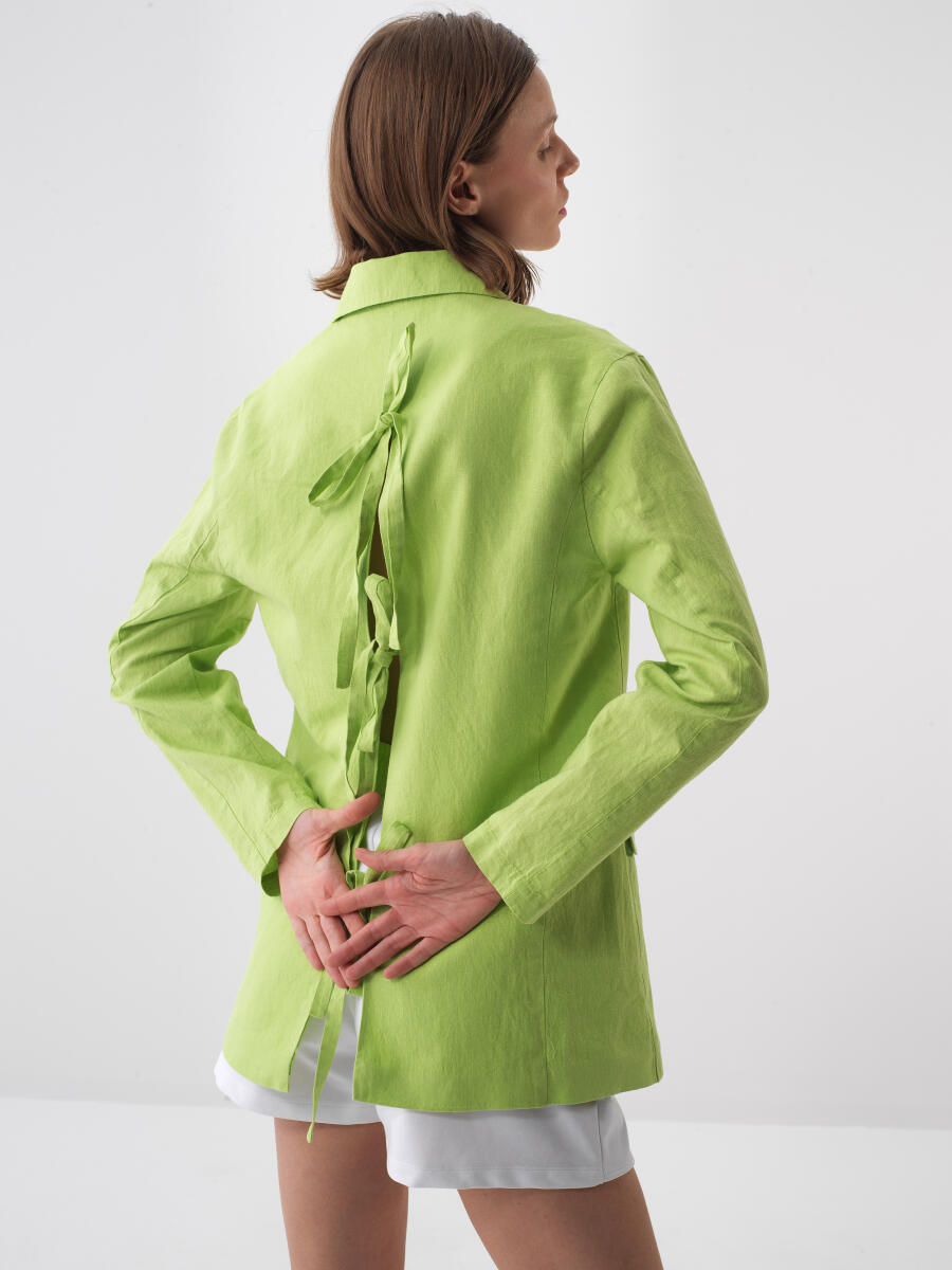 Yeşil %100 Keten Regular Fit Ceket - 4