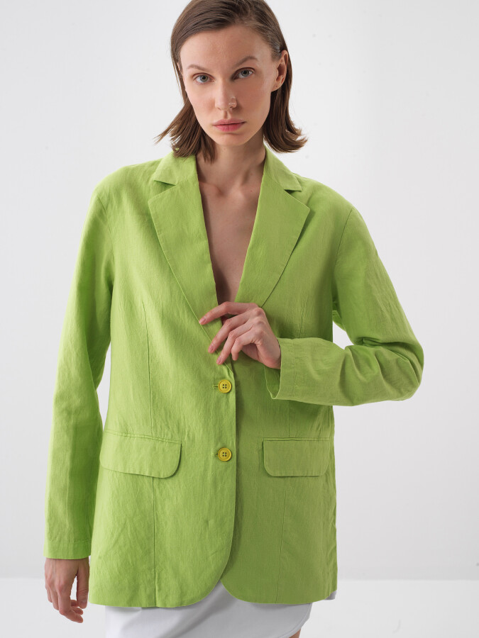 Yeşil %100 Keten Regular Fit Ceket