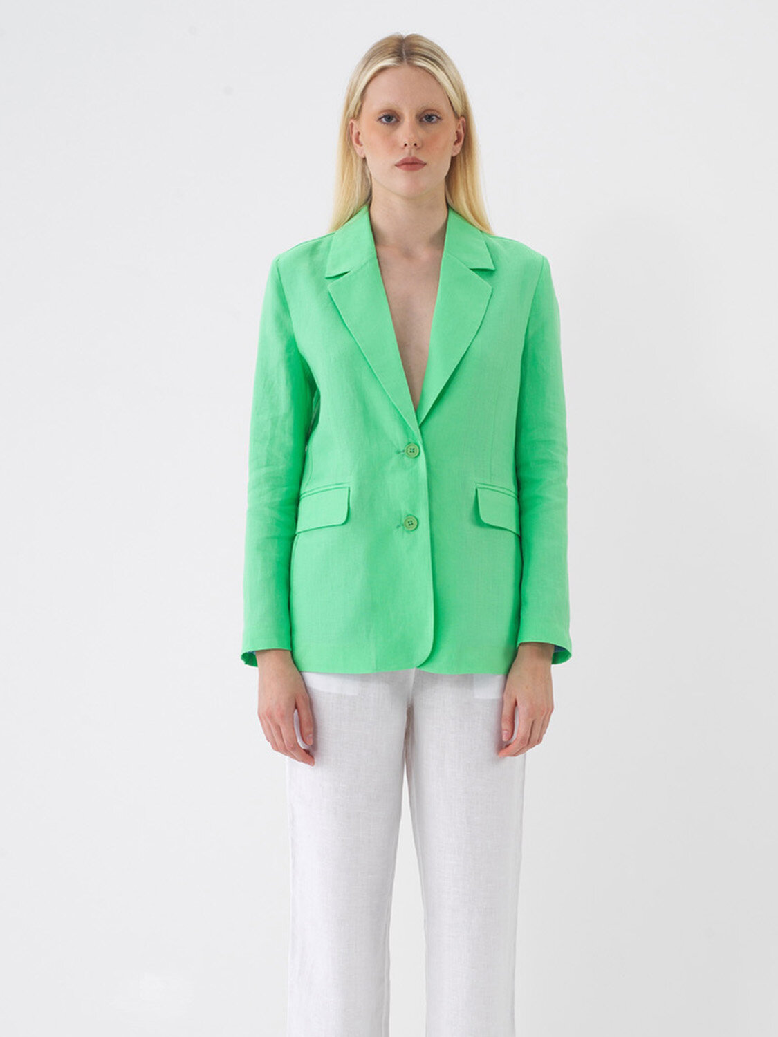 Yeşil %100 Keten Regular Fit Ceket