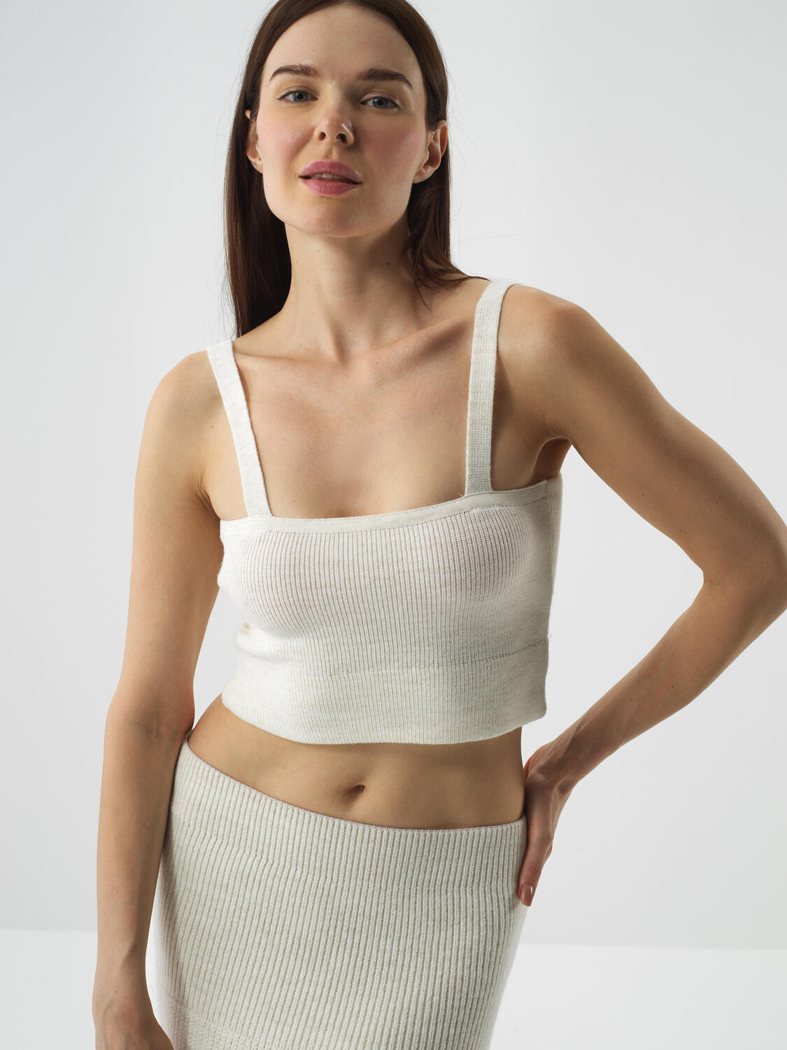 Ekru Doğal Yün Dokulu Slim Fit Crop - 1