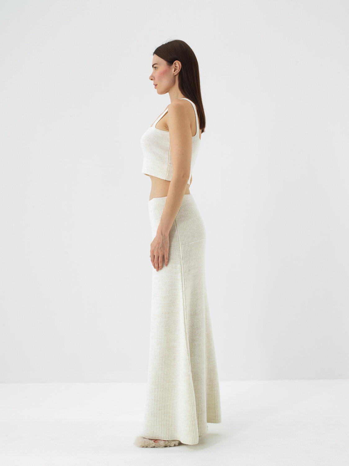 Ekru Doğal Yün Dokulu Slim Fit Crop - Xint