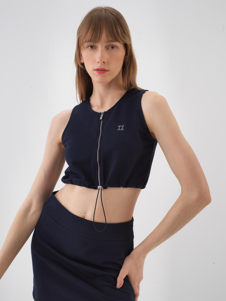 Lacivert Pamuk Dokulu Regular Fit Crop - 1