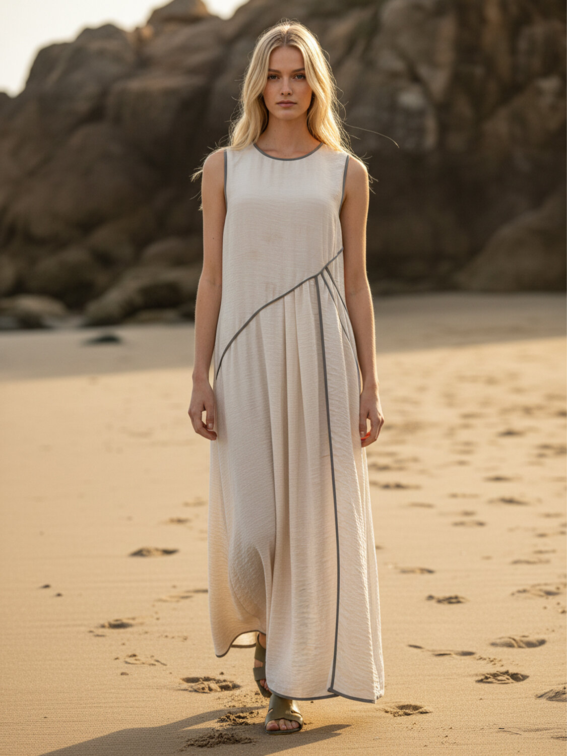 Bej Doğal Dökümlü Regular Fit Elbise