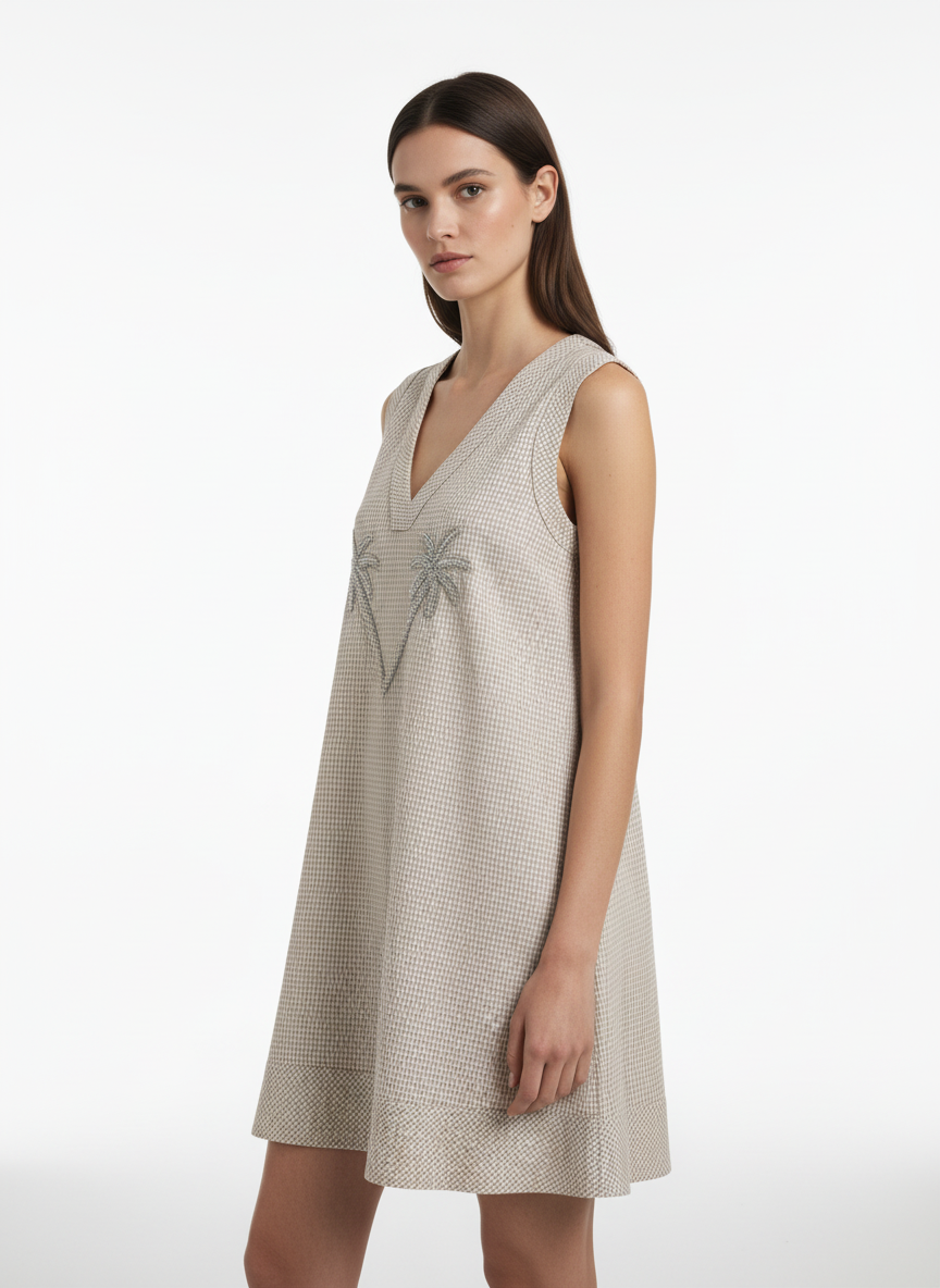 Bej Keten Karışımlı Oversize Elbise - 2