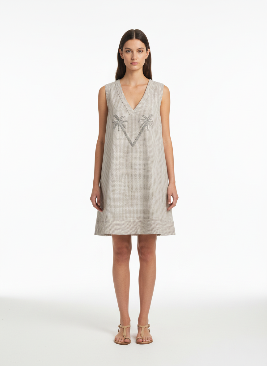 Bej Keten Karışımlı Oversize Elbise - 3