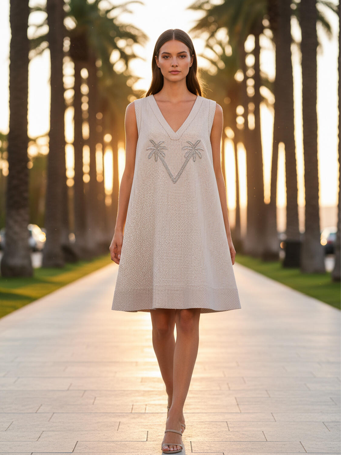 Bej Keten Karışımlı Oversize Elbise - 1