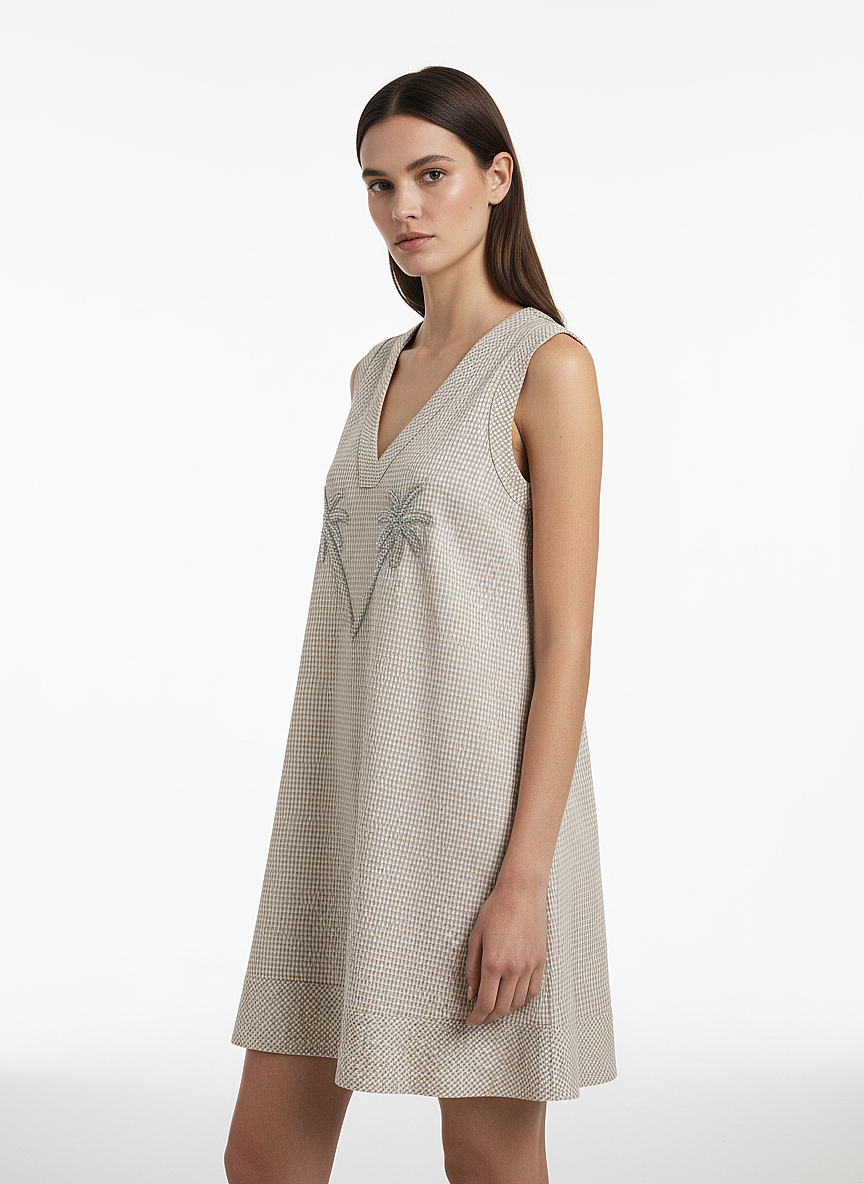 Bej Keten Karışımlı Oversize Elbise - 2