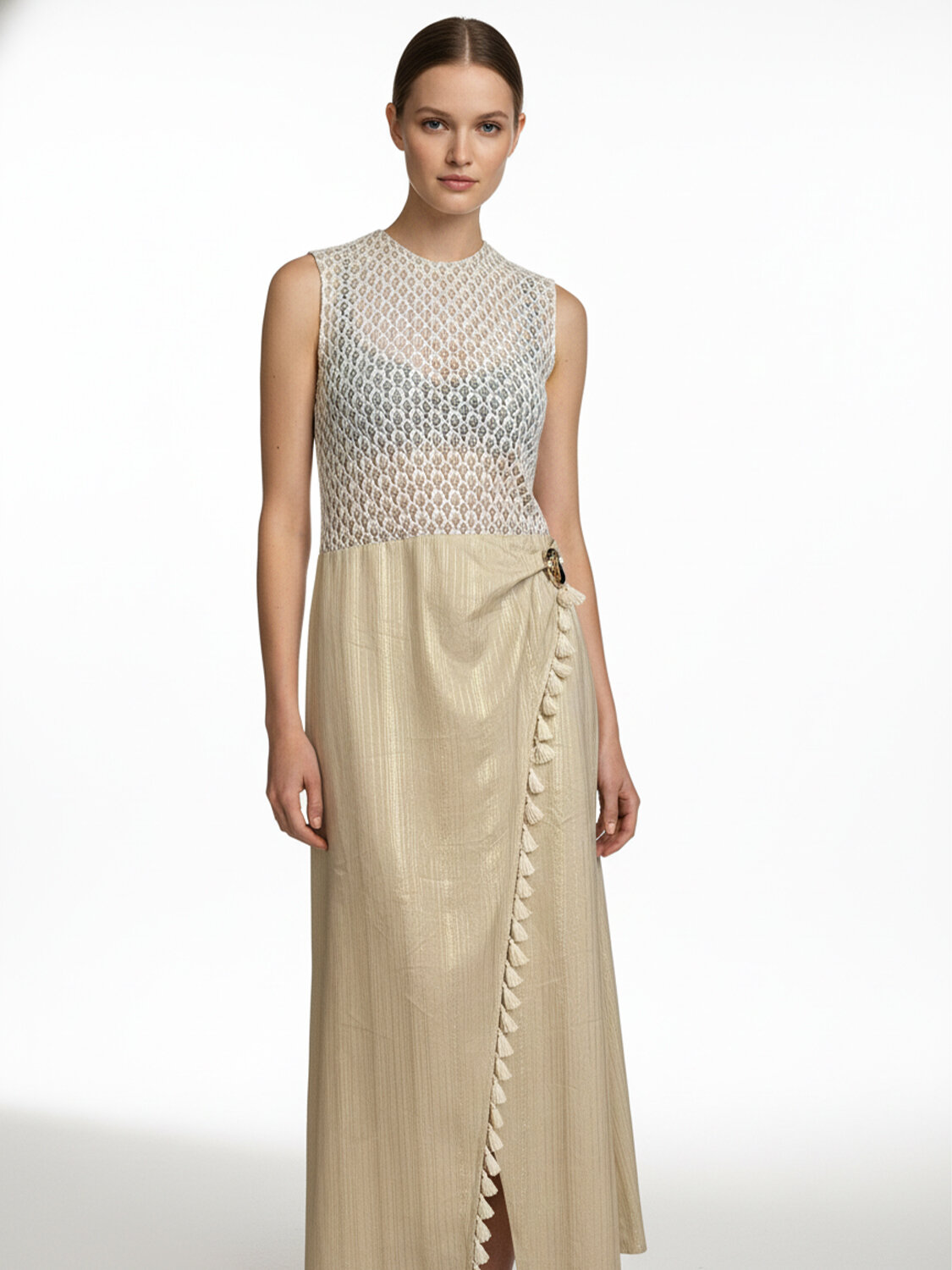 Bej Keten Karışımlı Regular Fit Elbise (1)