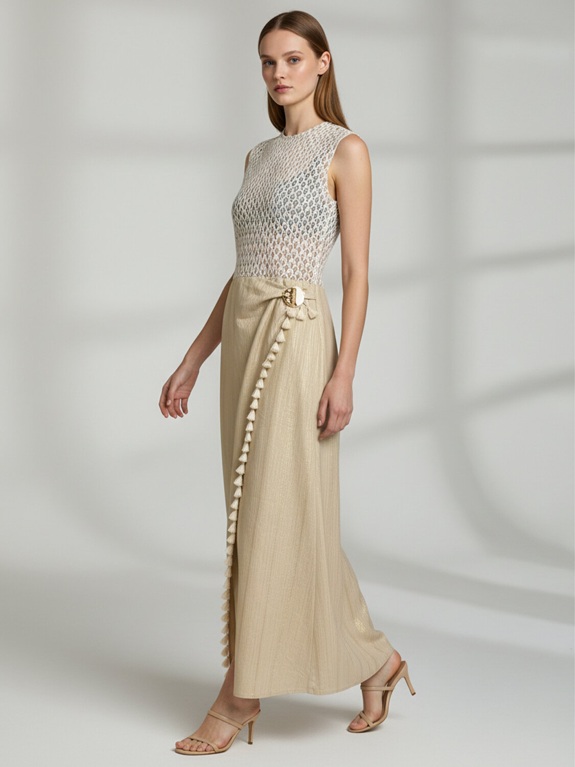 Bej Keten Karışımlı Regular Fit Elbise - 3