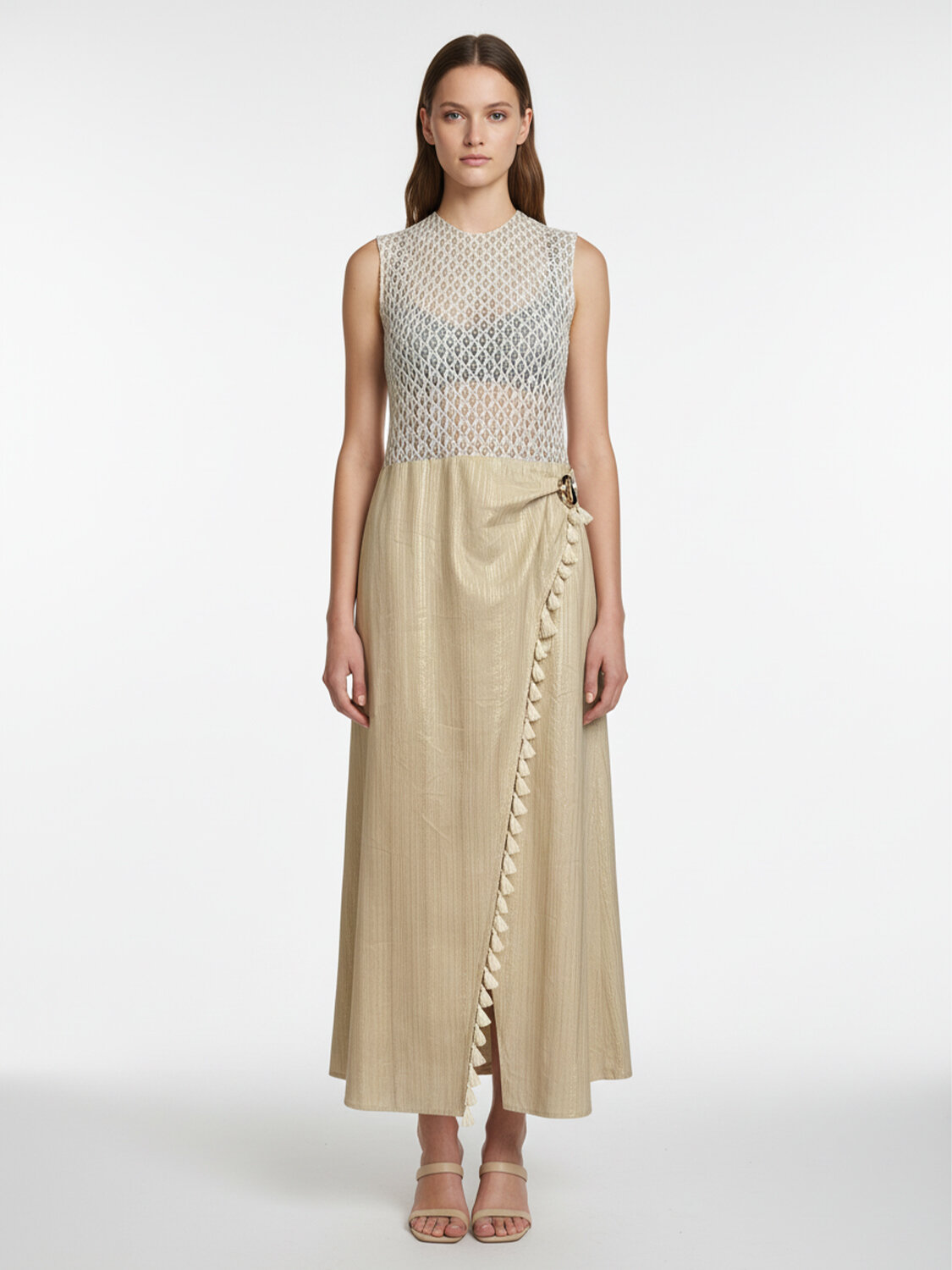 Bej Keten Karışımlı Regular Fit Elbise