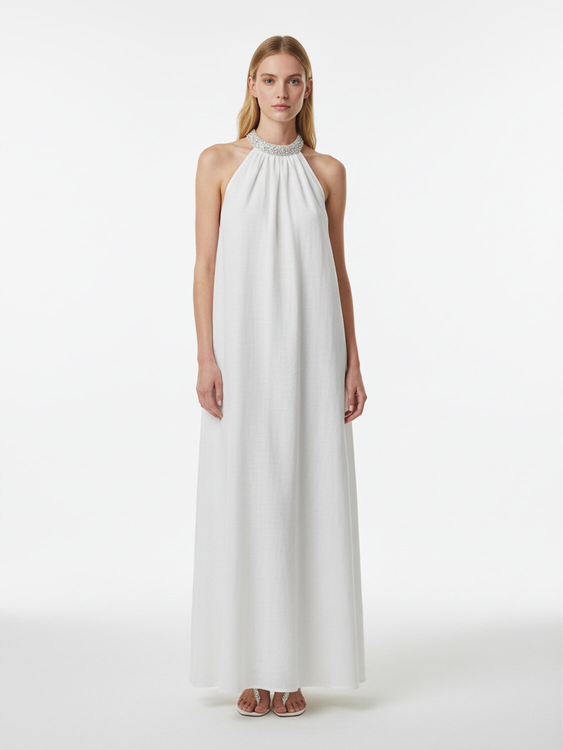 Beyaz %100 Keten Regular Fit Elbise