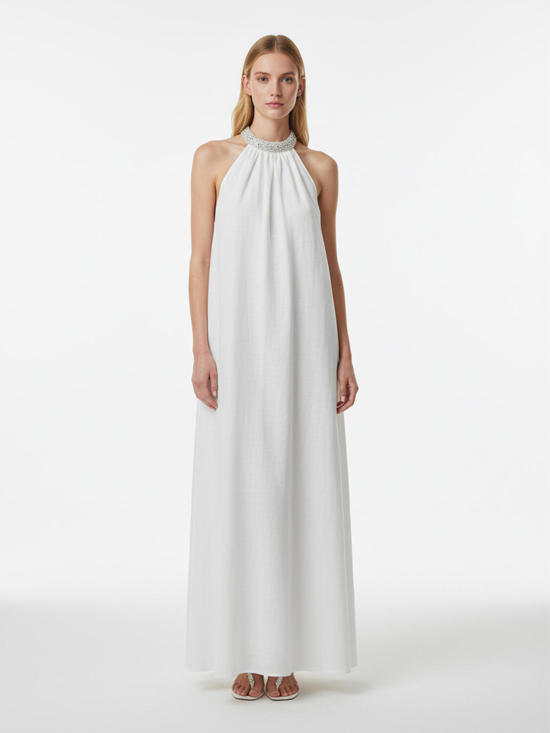 Beyaz %100 Keten Regular Fit Elbise - 1