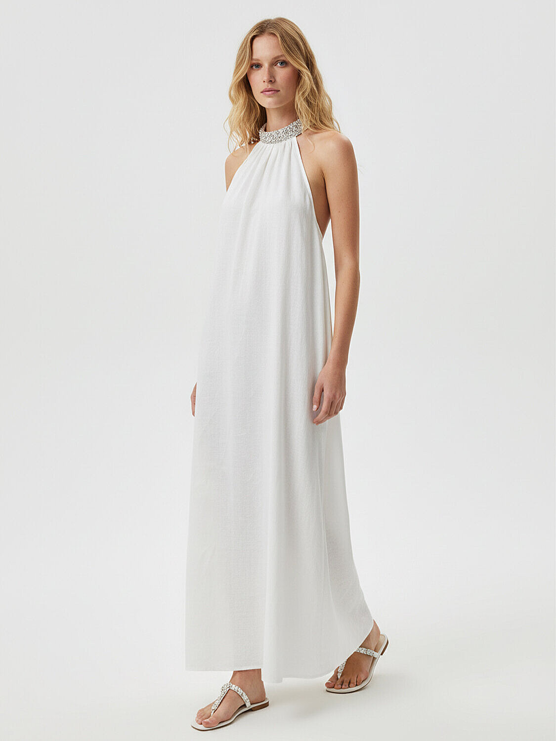 Beyaz %100 Keten Regular Fit Elbise (3)