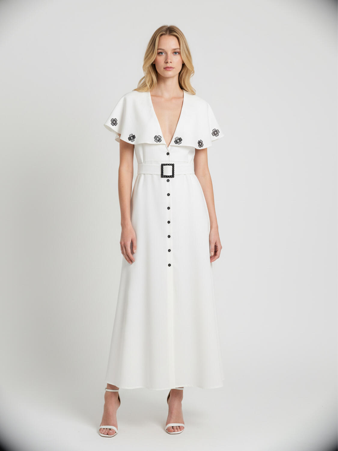 Beyaz Keten Karışımlı Regular Fit Elbise - 2