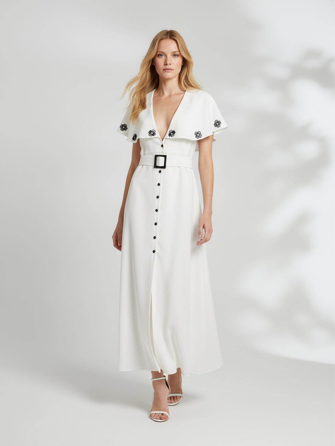 Beyaz Keten Karışımlı Regular Fit Elbise - 1