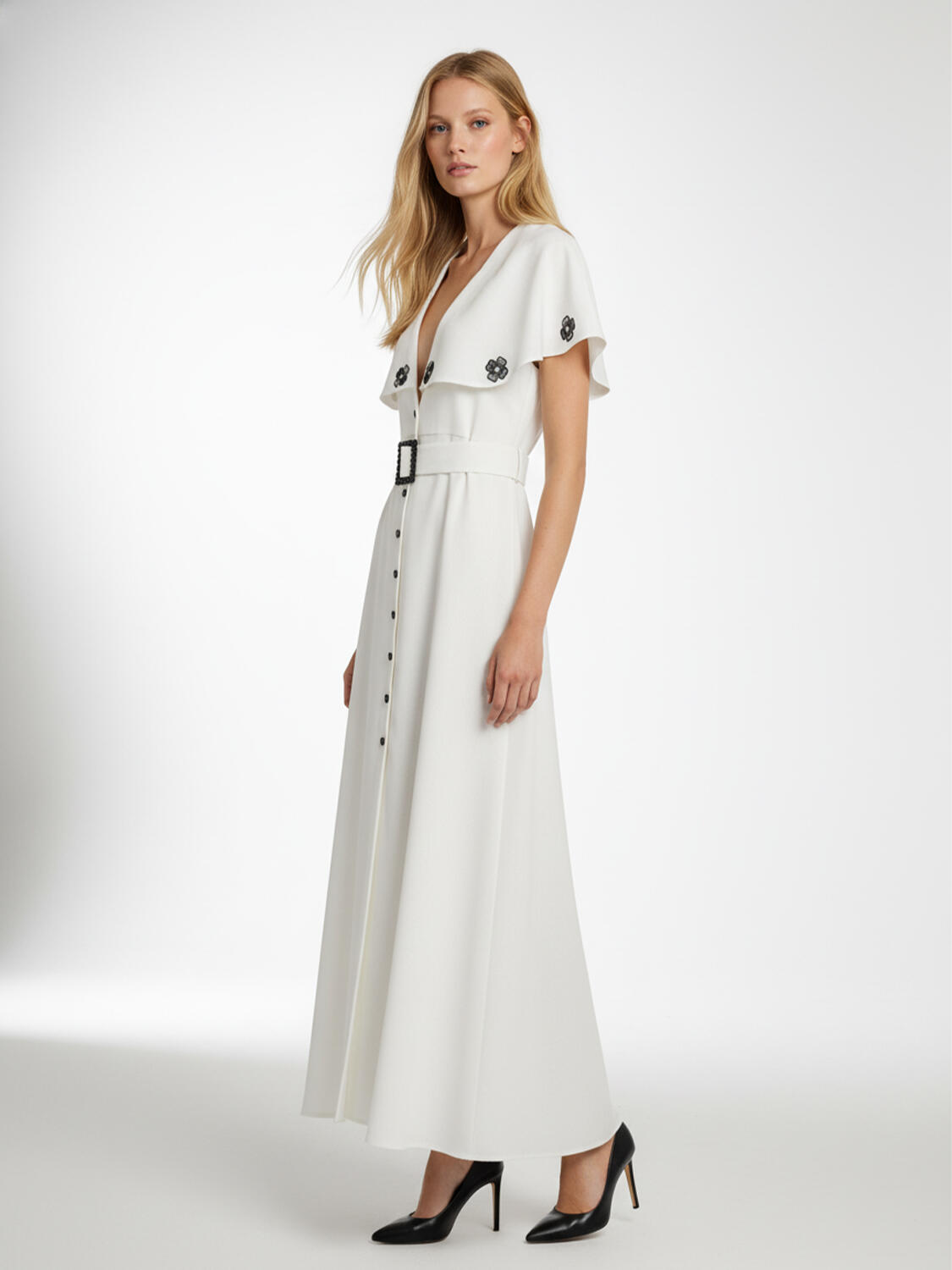 Beyaz Keten Karışımlı Regular Fit Elbise - 4