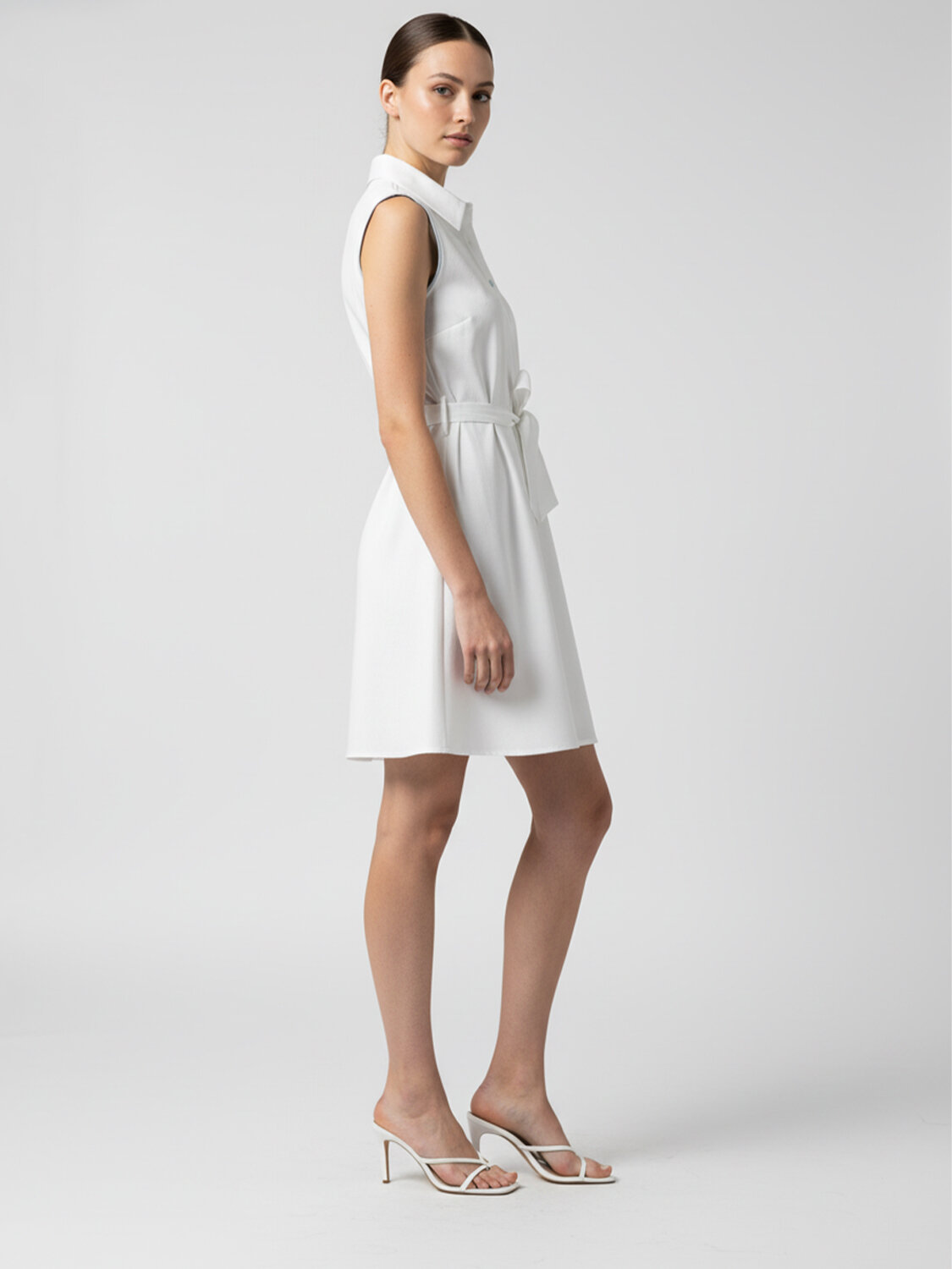 Beyaz Keten Karışımlı Regular Fit Elbise - 4