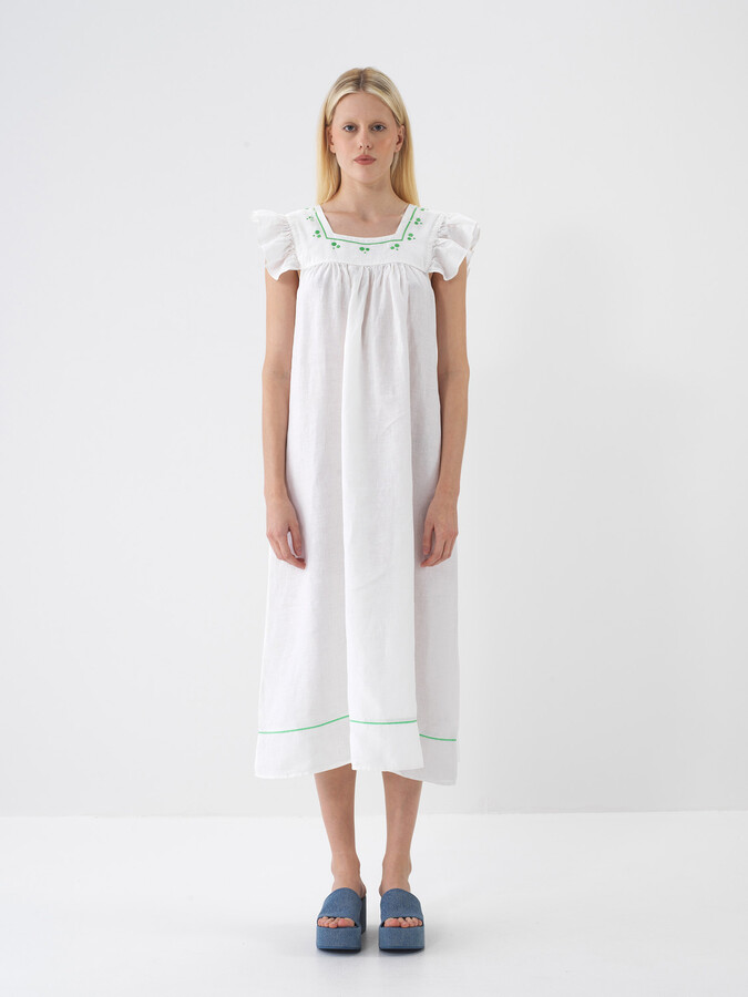 Beyaz %100 Keten Regular Fit Elbise (1)