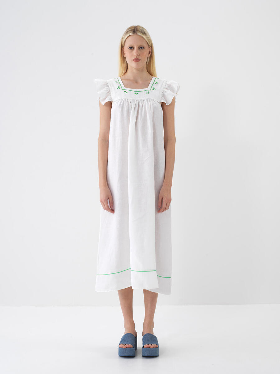 Beyaz %100 Keten Regular Fit Elbise - 2