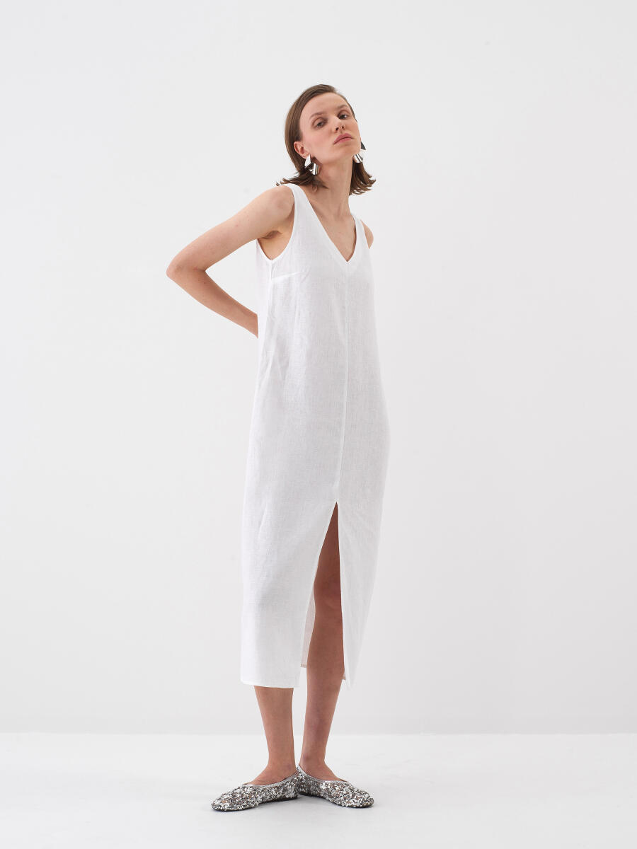 Beyaz %100 Keten Regular Fit Elbise - 2