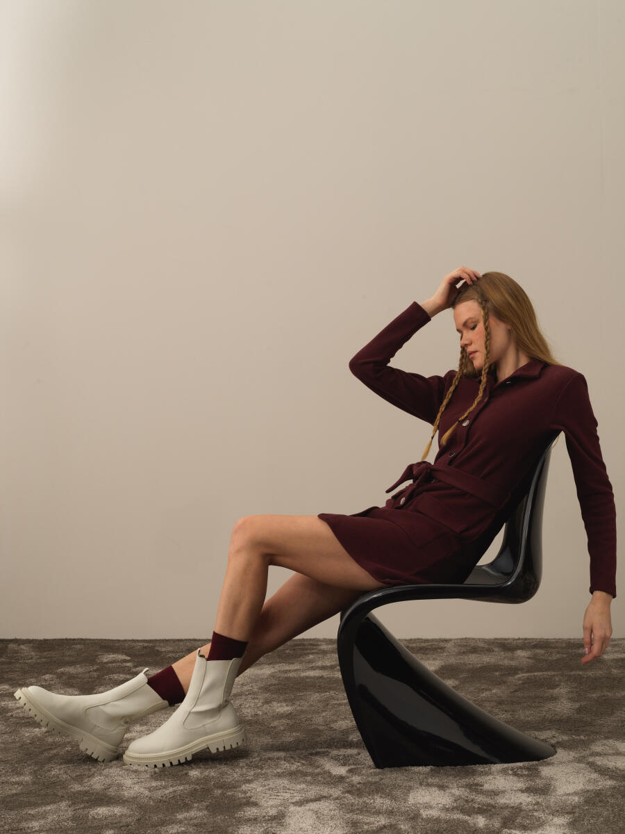 Bordo Pamuk Dokulu Regular Fit Elbise - 3