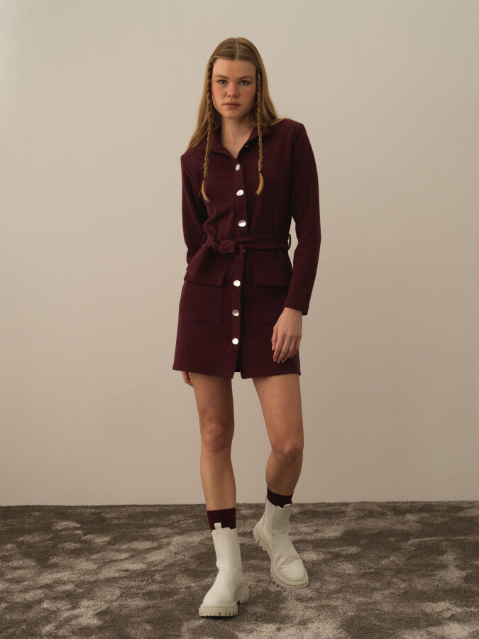 Bordo Pamuk Dokulu Regular Fit Elbise - Xint