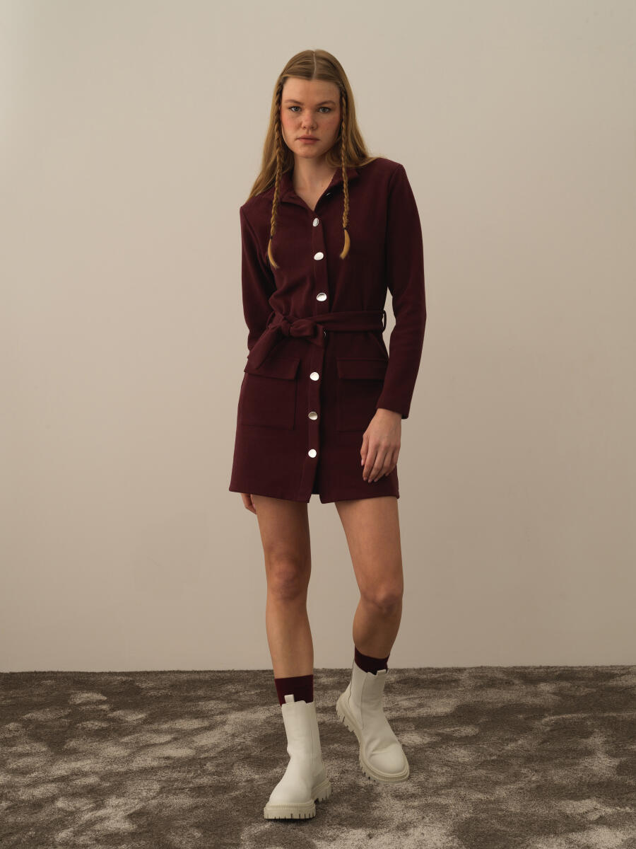 Bordo Pamuk Dokulu Regular Fit Elbise - 2