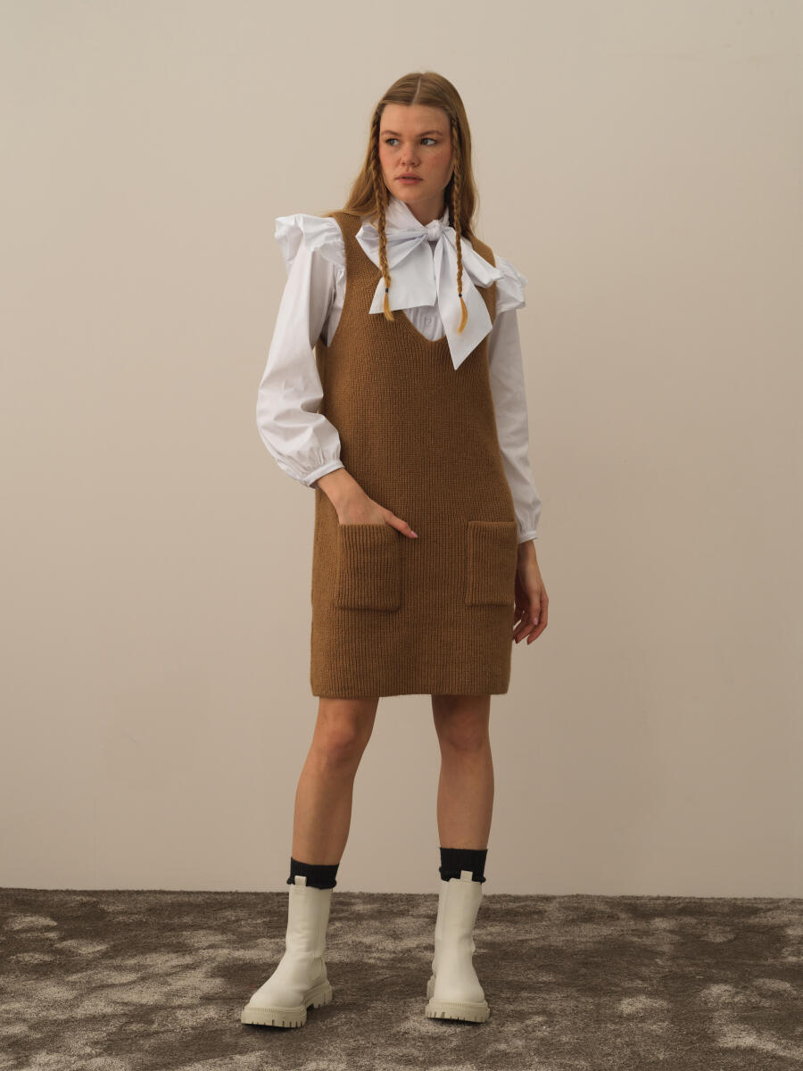 Camel Lüks Pamuk Dokulu Oversize Elbise