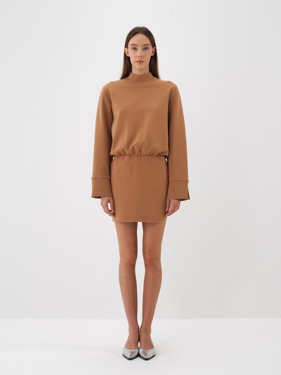 Camel Pamuk Dokulu Oversize Elbise - 2