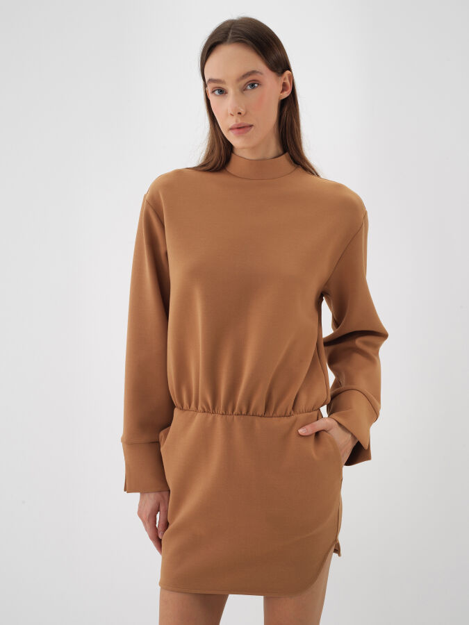 Camel Pamuk Dokulu Oversize Elbise - Xint