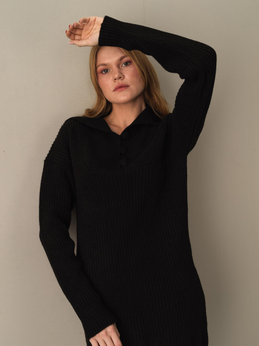 Siyah Yumuşak Dokulu Regular Fit Triko Mini Elbise - 2