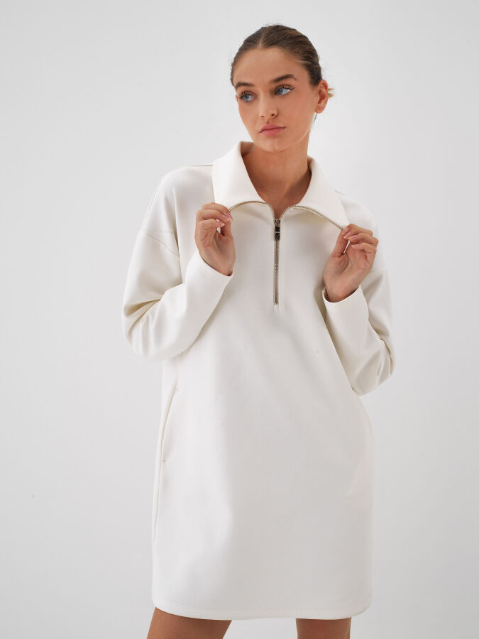 Ekru Pamuk Dokulu Oversize Elbise - Xint