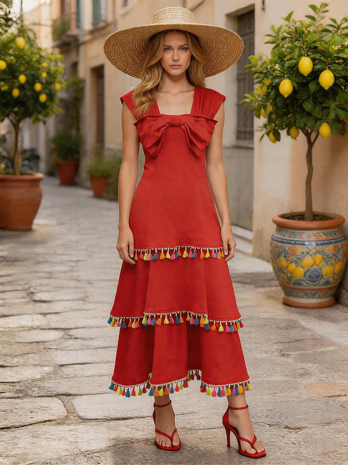 Kırmızı %100 Keten Regular Fit Elbise - 1