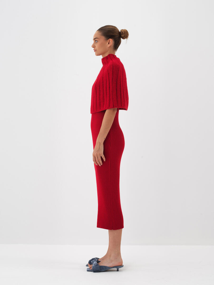 Kırmızı Doğal Yün Dokulu Regular Fit Elbise - 2