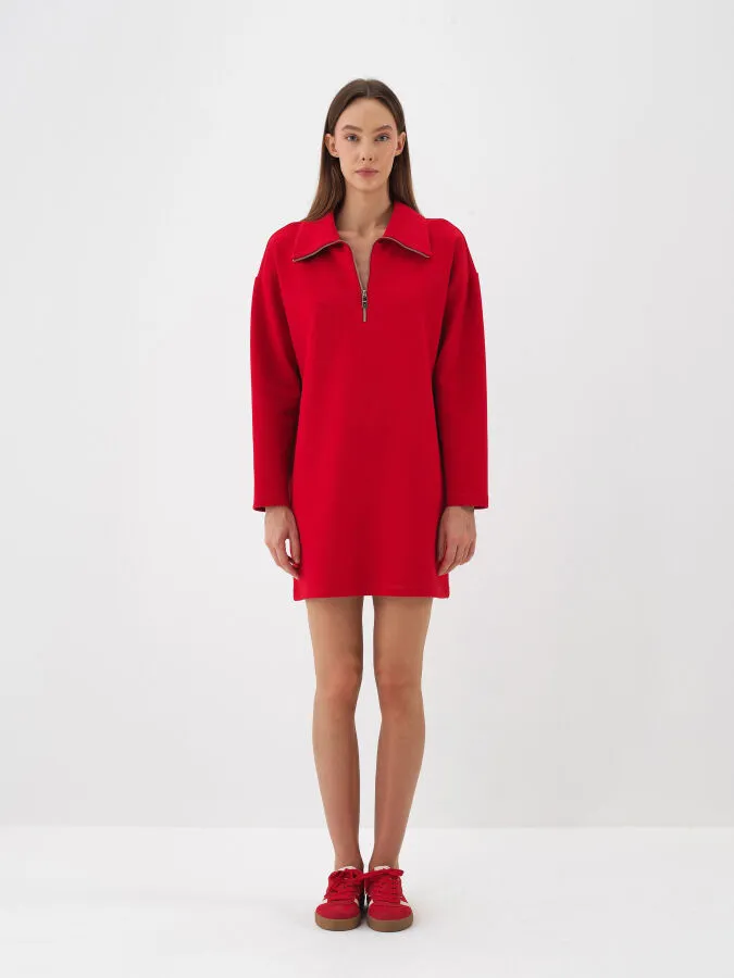 Kırmızı Pamuk Dokulu Oversize Elbise - Xint