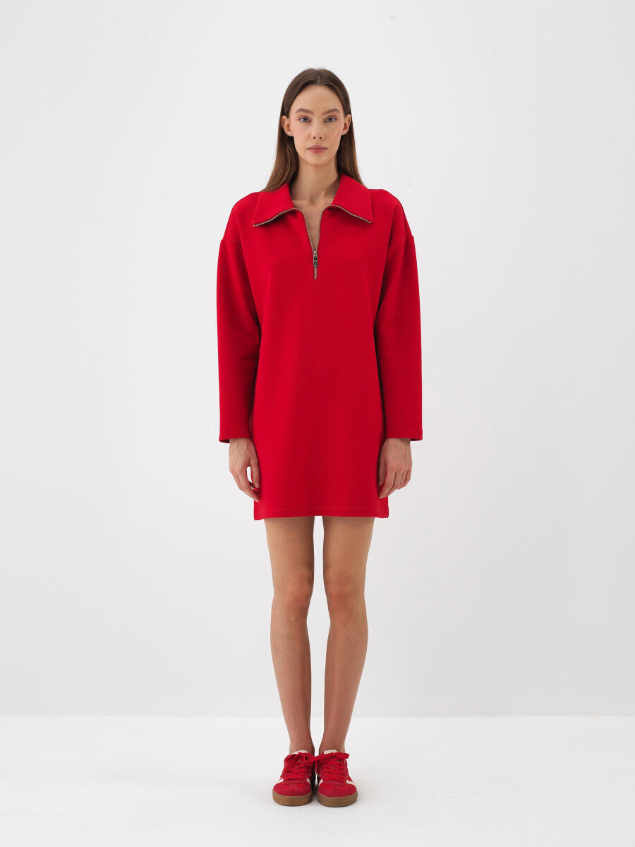 Kırmızı Pamuk Dokulu Oversize Elbise