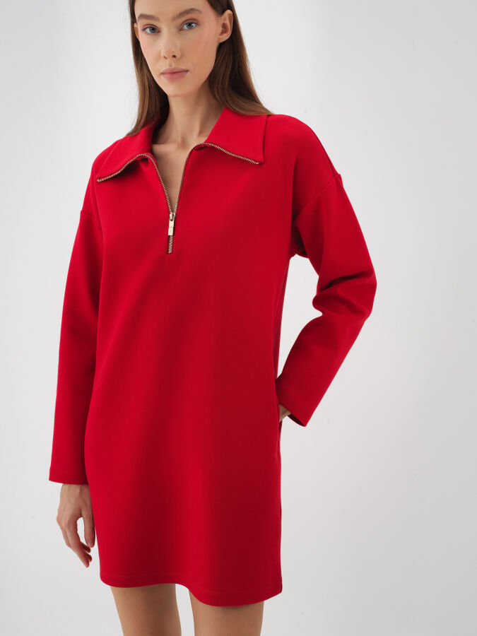 Kırmızı Pamuk Dokulu Oversize Elbise - Xint